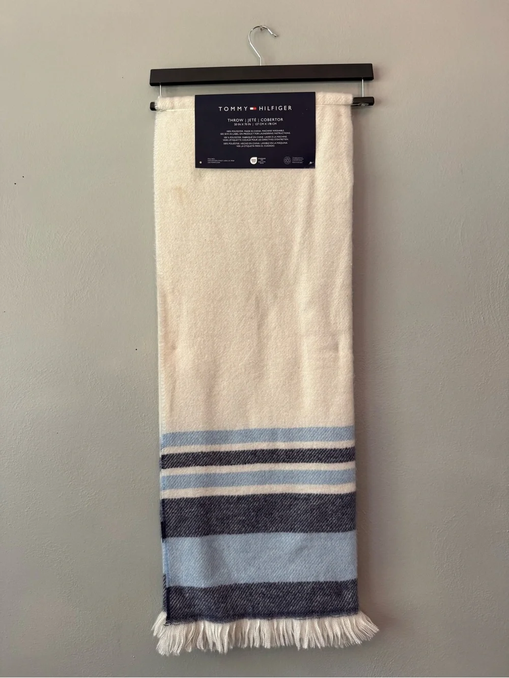 Tommy Hilfiger Cream, Light Blue & Navy Striped Faux Cashmere Throw
